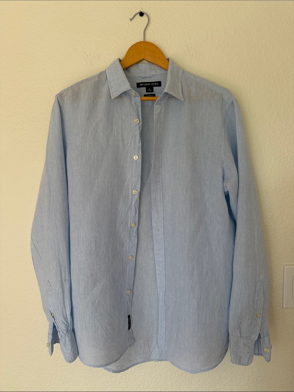 Michael Kors Light Blue Linen-Blend Casual Button-Down Shirt